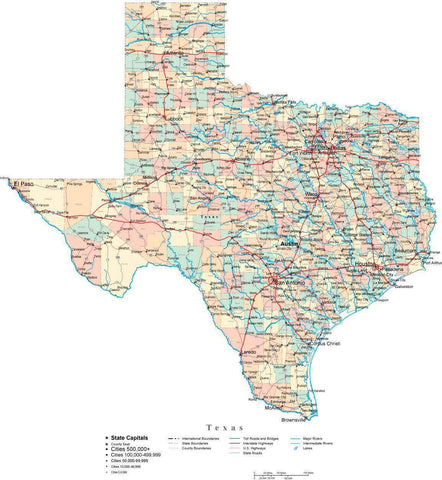 Texas State Map - Multi-Color Cut-Out Style - with Counties, Cities, County Seats, Major Roads, Rivers and Lakes