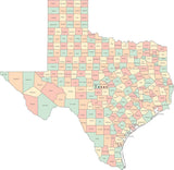 Multi Color Texas Map with Counties and County Names