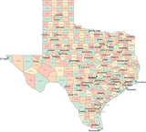 Multi Color Texas Map with Counties, Capitals, and Major Cities