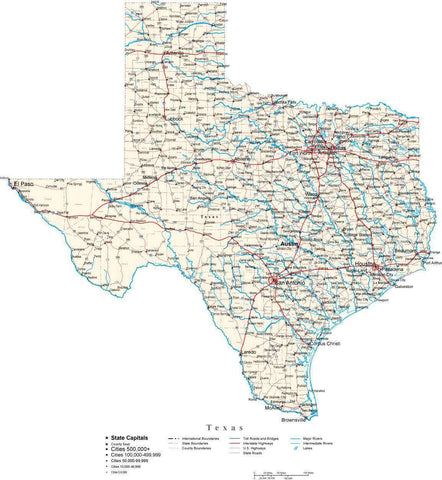 Texas Map - Cut Out Style - with Capital, County Boundaries, Cities, Roads, and Water Features