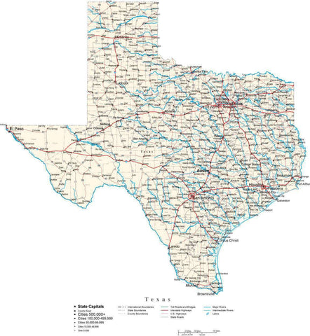 Texas Map - Cut Out Style - with Capital, County Boundaries, Cities, Roads, and Water Features