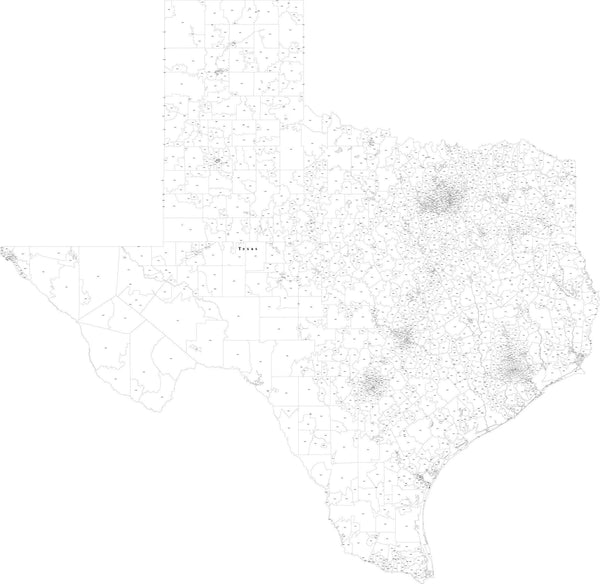 Texas Vector Map with 5 Digit Zip Codes