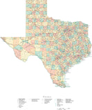 Detailed Texas Cut-Out Style Digital Map with Counties, Cities, Highways, and more