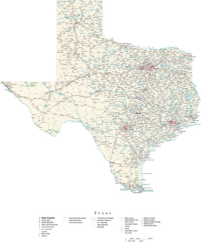 Detailed Texas Cut-Out Style Digital Map with County Boundaries, Cities, Highways, and more