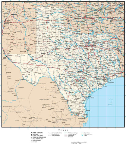 Texas Map with Capital, County Boundaries, Cities, Roads, and Water Features