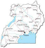 Uganda Black & White Map with Capital, Major Cities, Roads, and Water Features