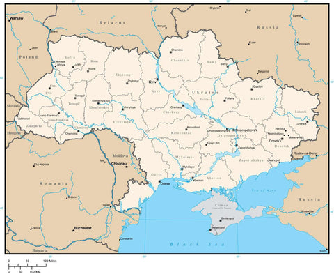 Ukraine Digital Vector Map with Province Areas and Capitals