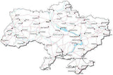 Ukraine Black & White Map with Capital, Major Cities, Roads, and Water Features