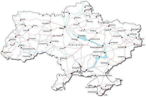 Ukraine Black & White Map with Capital, Major Cities, Roads, and Water Features