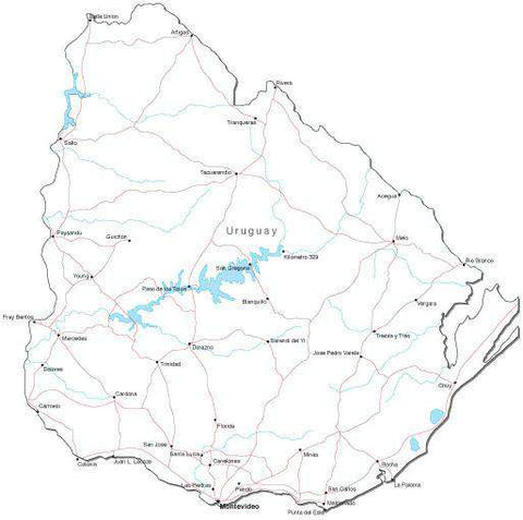 Uruguay Black & White Map with Capital, Major Cities, Roads, and Water Features