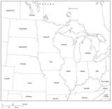 USA Midwest Region Black & White Map with State Boundaries