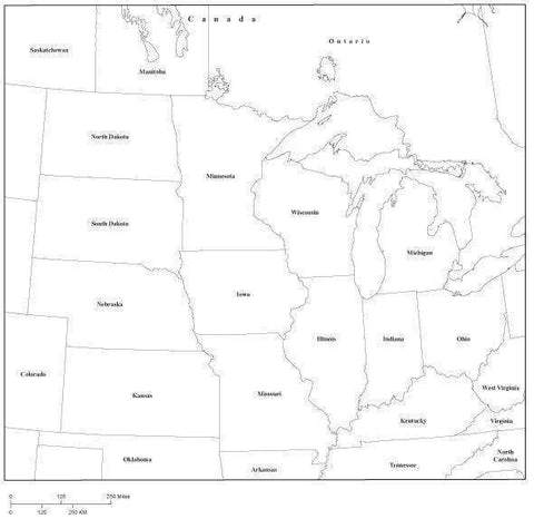 USA Midwest Region Black & White Map with State Boundaries