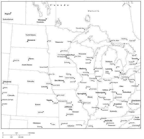 USA Midwest Region Black & White Map with State Boundaries  Capital and Major Cities