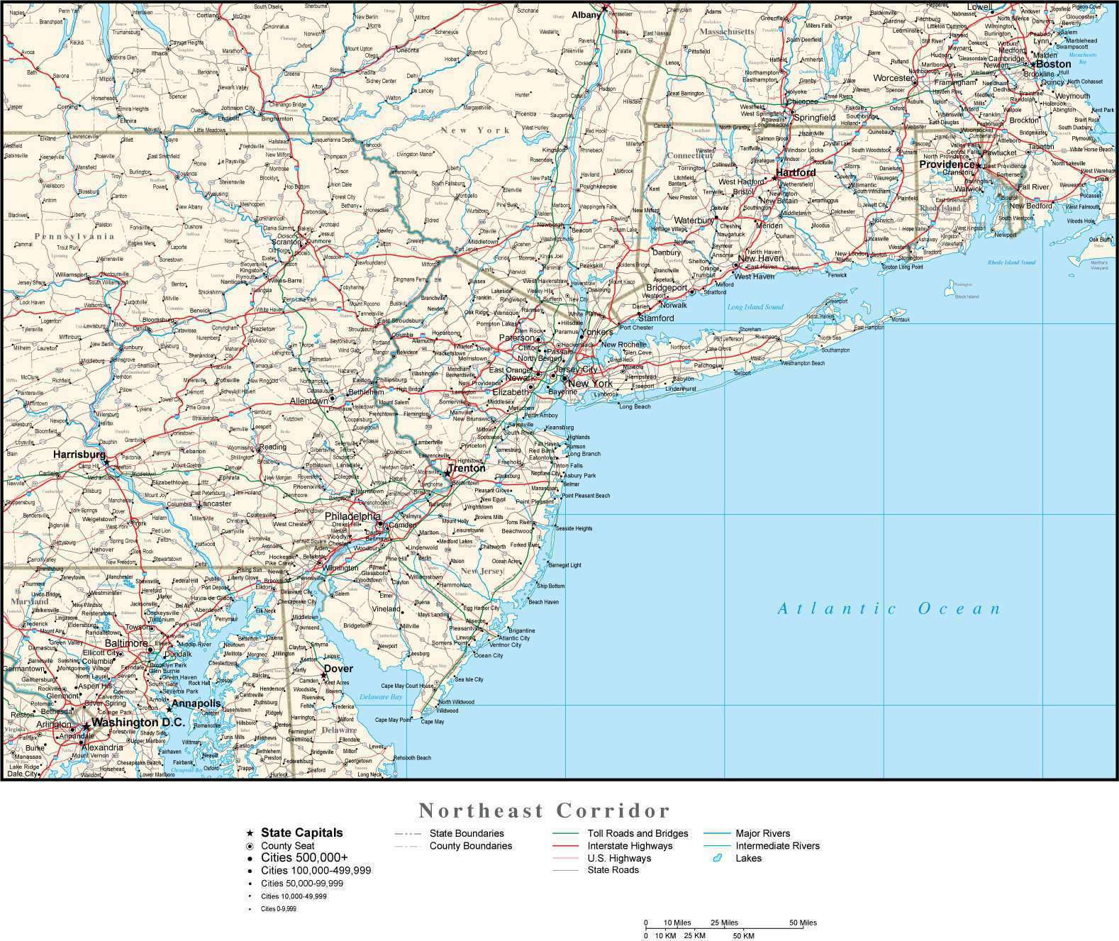 northeast-corridor-map-with-state-boundaries-cities-and-highways for Free Printable Northeast States Map Northeast Corridor Map with State Boundaries, Cities and Highways for Free Printable Northeast States Map