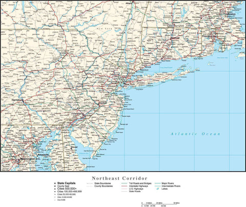 Northeast Corridor Map with State Boundaries, Cities and Highways