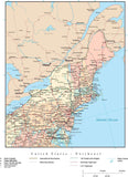 USA Northeast Region Map with State Boundaries, Highways, and Cities