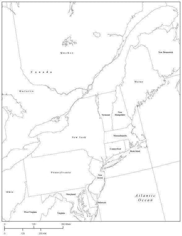 USA Northeast Region Black & White Map with State Boundaries