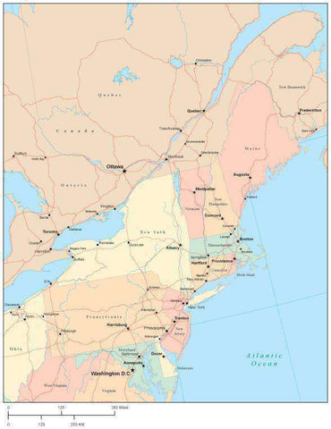 USA Northeast Region Map with State Boundaries, Roads, Capital and Major Cities