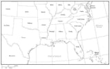 USA South Region Black & White Map with State Boundaries