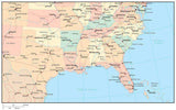 USA South Region Map with State Boundaries, Roads, Capital and Major Cities