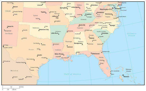 USA South Region Map with State Boundaries, Capital and Major Cities