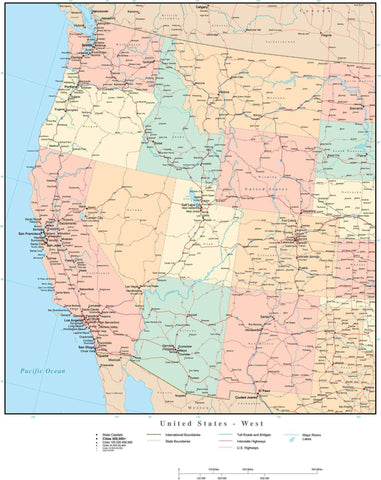 USA West Region Map with State Boundaries, Highways, and Cities