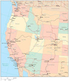 USA West Region Map with State Boundaries  Roads  Capital and Major Cities