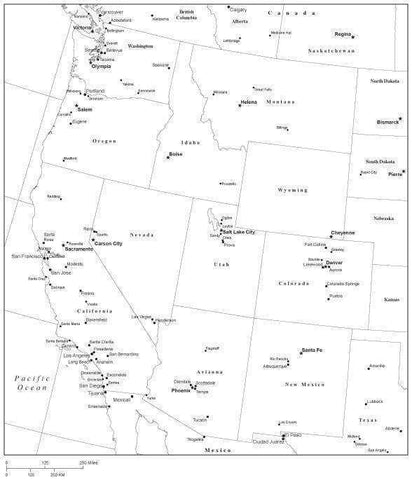 USA West Region Black & White Map with State Boundaries  Capital and Major Cities