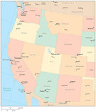 USA West Region Map with State Boundaries, Capital and Major Cities
