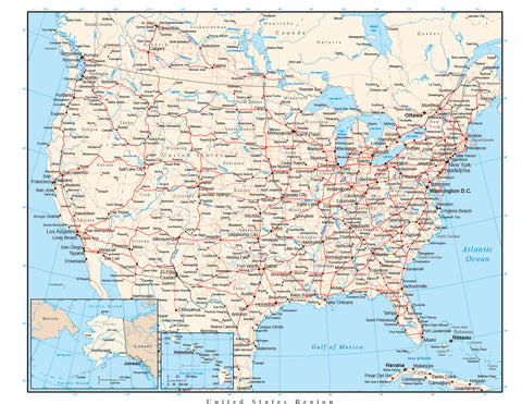 United States Map with States, Capitals, Cities, Roads, and Water Features