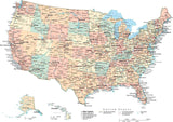 USA Map Curved Projection with Capitals, Cities, Roads and Water Features