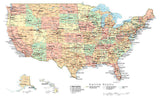 USA Map Rectangular Projection with Capitals Cities Roads and Water Features