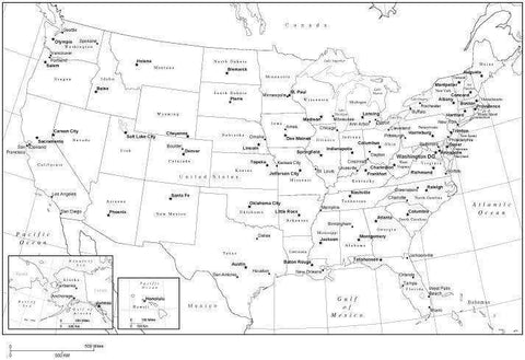 Black & White USA Map with Capitals and Major Cities