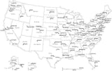 Black & White USA Map with Capitals and Major Cities, Cut-Out Style
