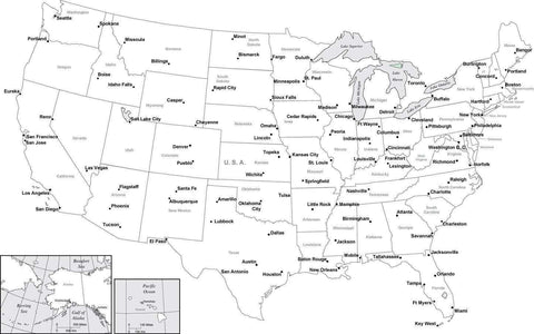 Digital USA Map with Major Cities - Black & White