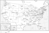 Digital USA Map with States, Capitals and Major Cities, Framed Style - Black & White