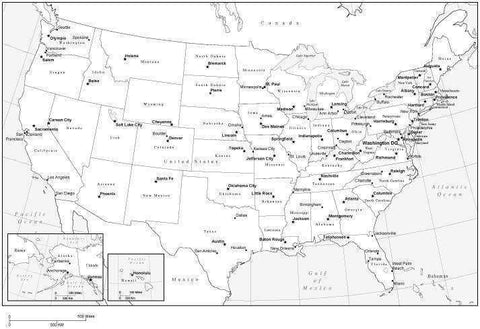 Digital USA Map with States, Capitals and Major Cities, Framed Style - Black & White