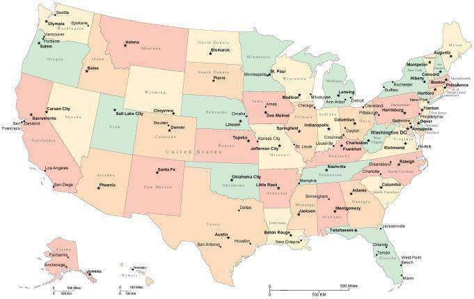 USA Color Map with Capital & Major Cities in Adobe Illustrator Format