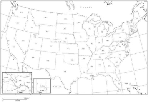 USA Black & White Map with State Areas and State Abbreviations