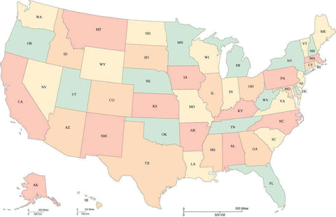 Digital USA Map with States and State Abbreviations - Multi-Color