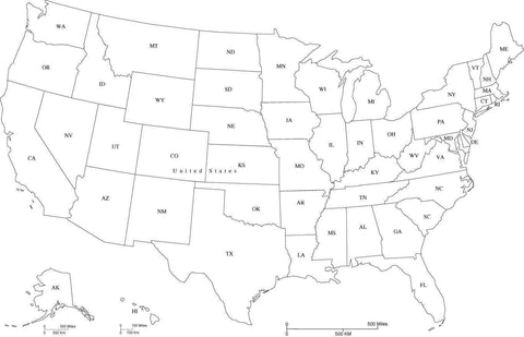 United States Black & White Map with States and State Abbreviations