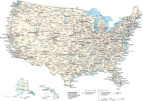 USA Map Curved Projection Cut-Out Style with Capitals, Cities, Roads and Water Features