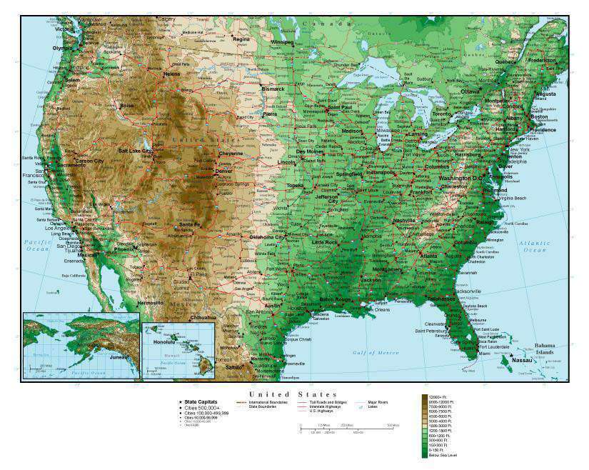 USA Map Curved Projection with Contour Background