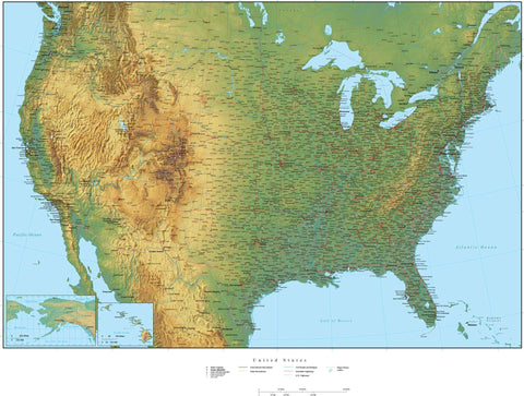Digital Poster Size USA Terrain map in Adobe Illustrator vector format with Terrain USA-XX-302250