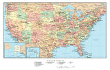 USA Map Rectangular Projection with Capitals Cities Roads and Water Features