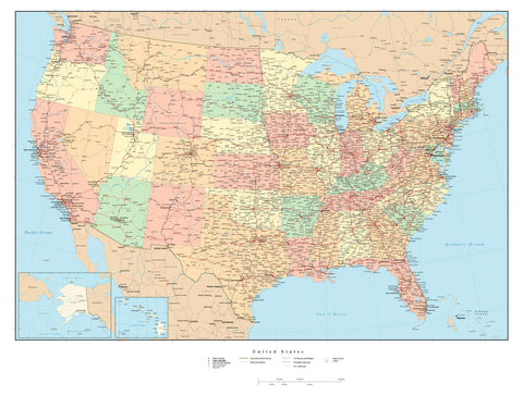 Poster Size USA Map with Cities, Highways, and Water Features
