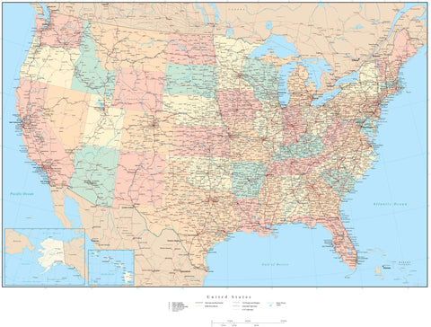 USA Poster Size Map with Railroads