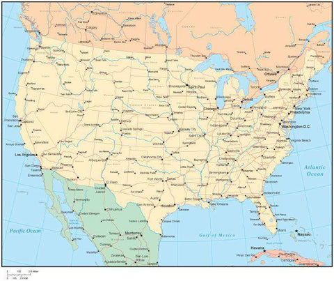Multi Color United States Map with US States, Canadian Provinces, Major Cities & Water Features