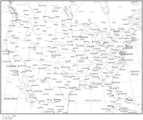 Black & White United States Map with US States, Canadian Provinces, Capitals and Major Cities