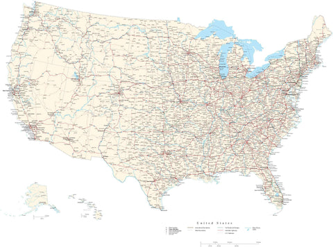 Poster Size USA Map with Cities  Interstates  US Highways  State Roads  and Water Features